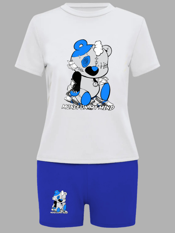 LW-Conjunto de dos piezas de pantalones cortos con estampado de letras de oso, jersey de manga corta, Top blanco y pantalones a juego