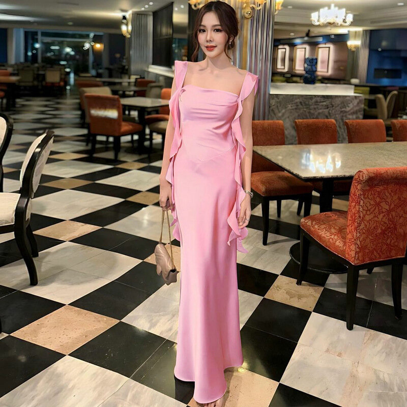 High Quality Women's Clothing 2024 Spring Summer Products Fashionable Elegant Sexy Backless Solid Color Ribbon Dresses Wholesale