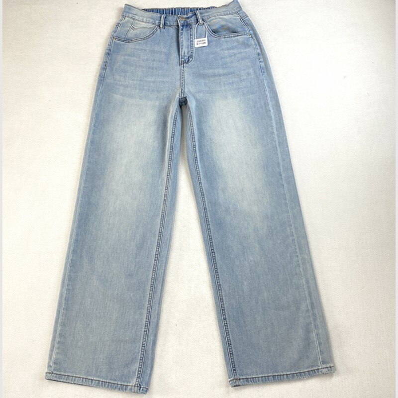 2024 Spring Summer New Straight Jeans Women Plus Size Basics Thin Elastic Leisure Loose Full Length Wide Leg Pants