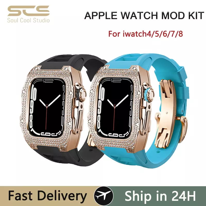 Stainless Steel For Apple Watch 9 Mod Kit 44mm 45mm Luxury Diamond Inlaid Accessories Fashion Trend Apply toseries 8/7/6/5/4 Box