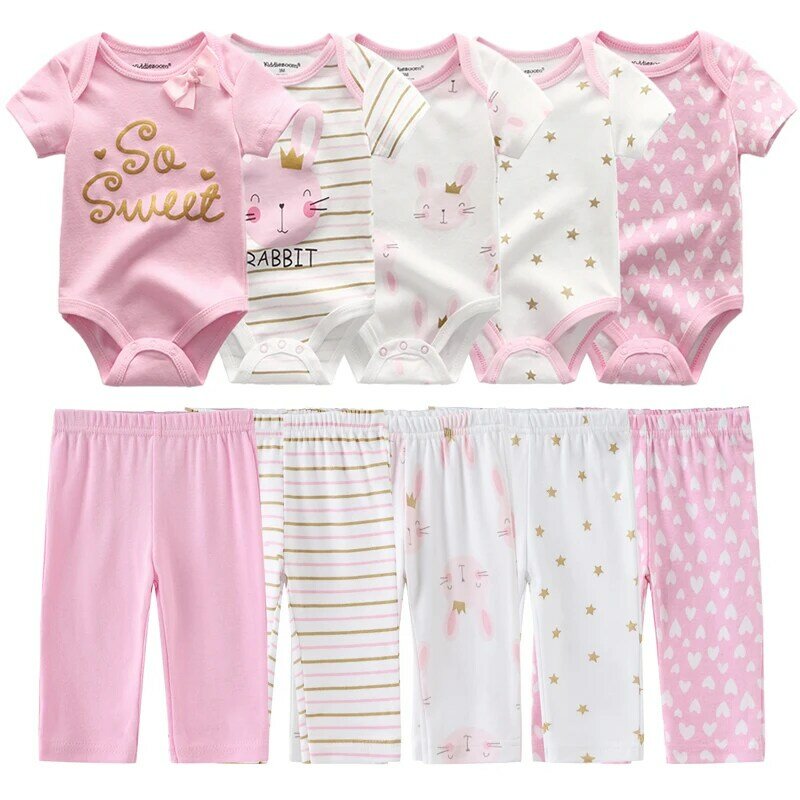 Unisex 6/9/10 sztuk bawełniane noworodki body + spodnie niemowlę dziewczynka zestawy ubranek nadruk kreskówkowy krótki rękaw Baby Boy ubranka Bebes