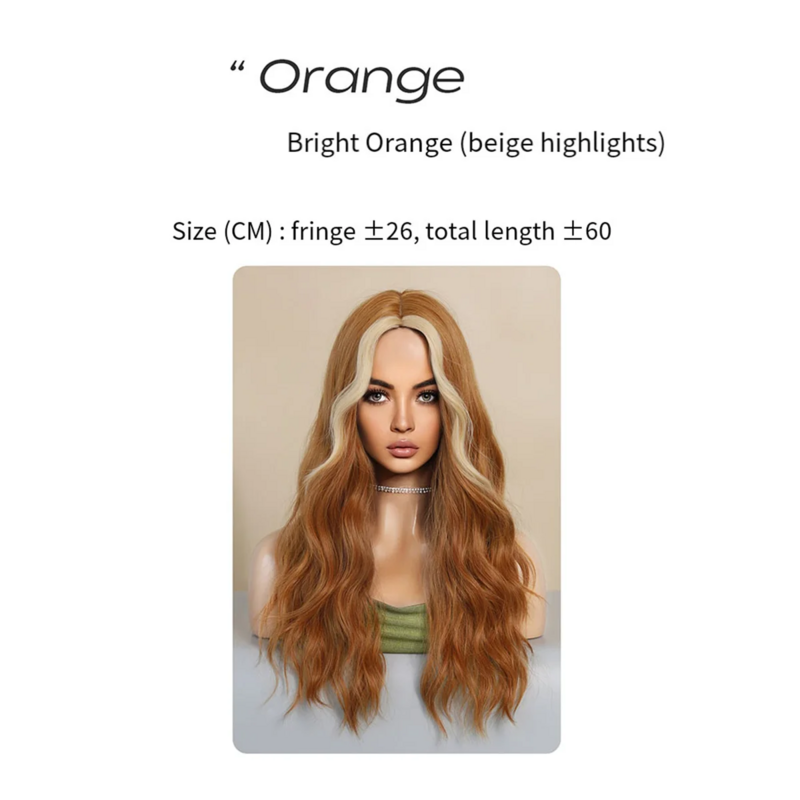 Peluca naranja de 60cm, pelo largo y rizado medio, sin flequillo, cobertura de cabeza, simulación de fibra, pelucas europeas y americanas