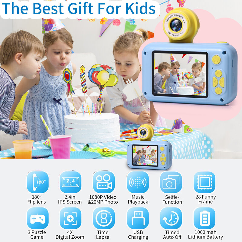 Handheld Kids Camera Toys, 2.4 Polegada Tela IPS, Zoom Digital, Vídeo, Criança, Bebê, Flip 180 °, Len, Crianças