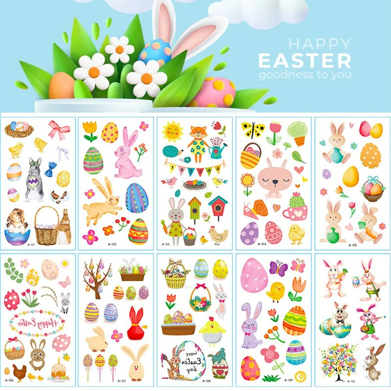 Faux tatouages autocollants œufs de lapin de pâques, étiquette temporaire de dessin animé, pour bras d'enfants, fête amusante, paquet de 10
