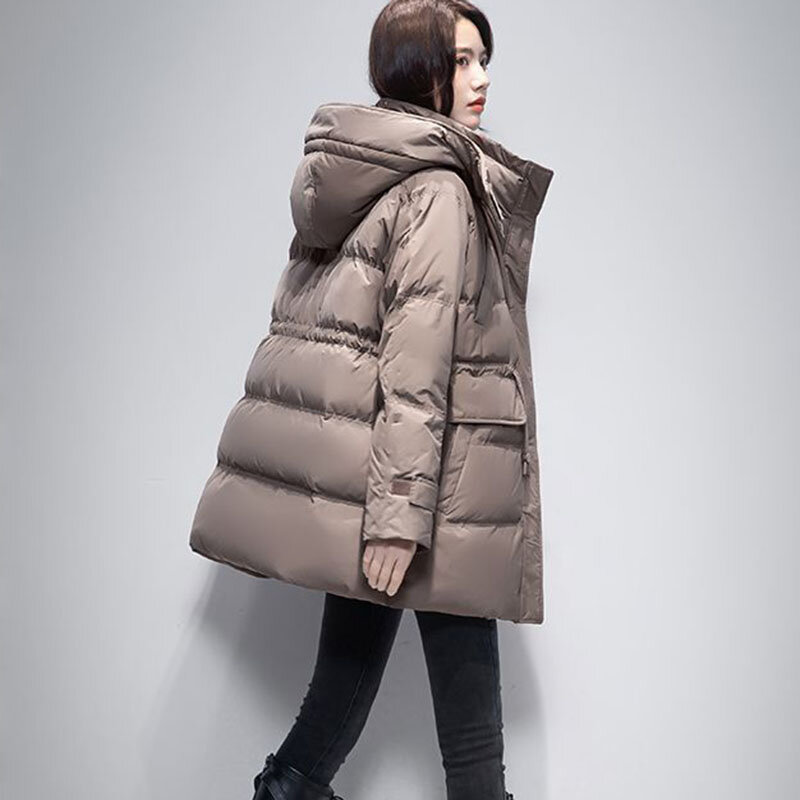 Chaqueta larga de plumón para mujer, abrigo cálido y frío de plumón de pato blanco, informal, extraíble, con capucha, marrón, 90%