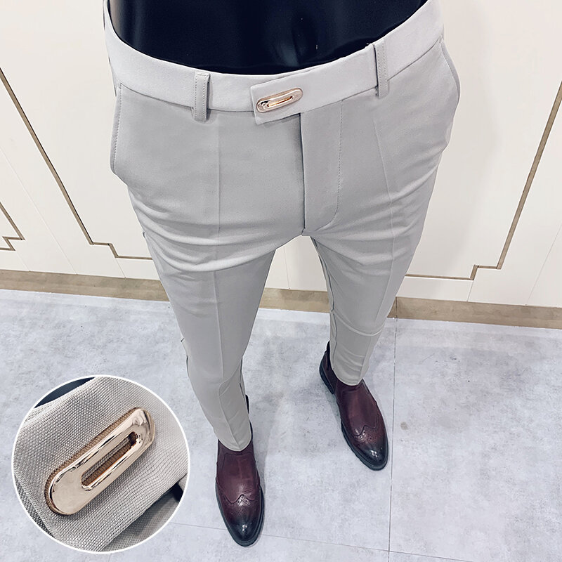 Celana Pria Musim Semi 2022 Celana Panjang Pergelangan Kaki Kasual Pria Slim Fit Korea Streetwear Pria Kualitas Tinggi Hitam Abu-abu Celana Setelan Gaun Khaki