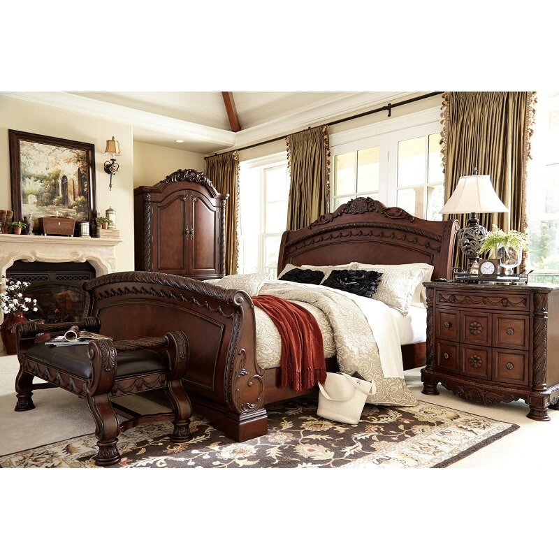 Desain khas oleh Ashley North Shore hiasan bangku kamar tidur berlapis kain kulit imitasi, coklat tua