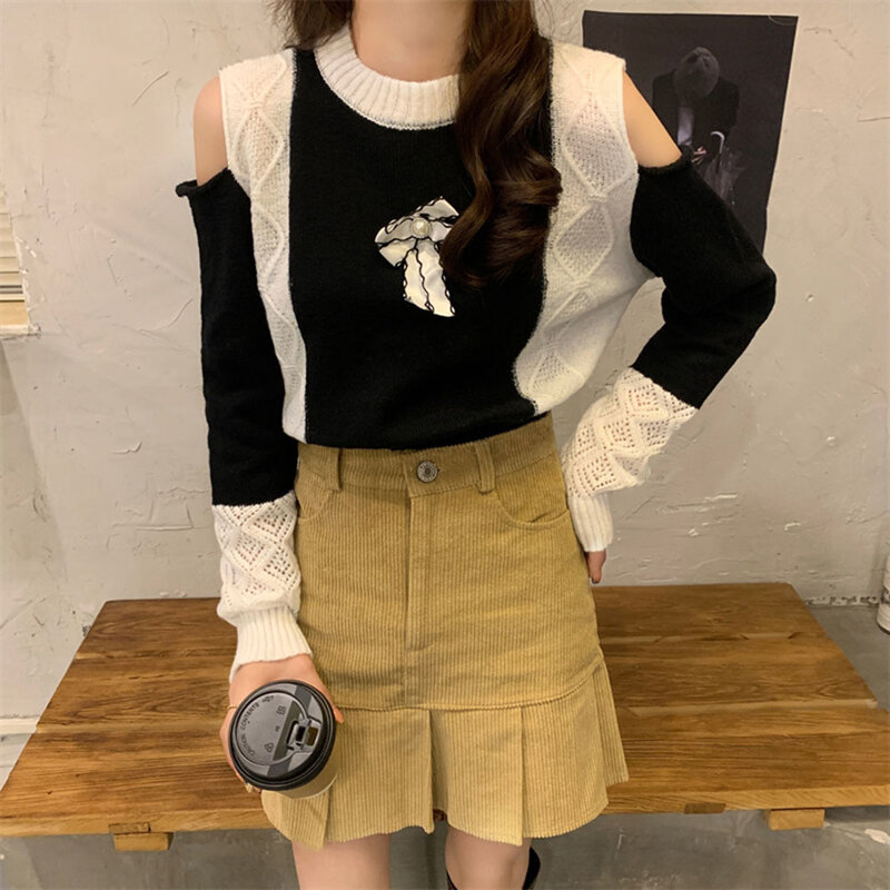 Korean Knitted Sweater Tops Women Full Sleeve O-neck Patchwork Pullover Elegant Fashion Ladies Jumpers 2023