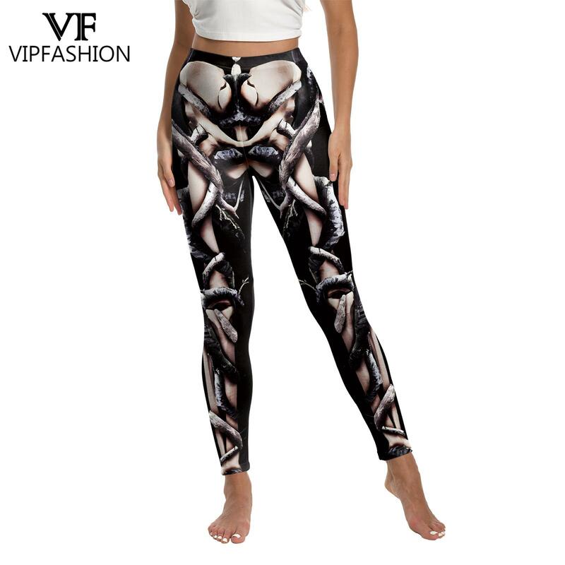 VIP FASHION Skeleton Pattern Leggings for Woman Halloween Cosplay Party Pants Mid Waist Elastic Tights Casual Workout Trousers