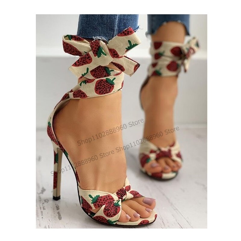 Sandálias femininas de dedo aberto, com renda, cor mista, decoração estampa morango, salto alto fino, sapato de salto alto, elegante