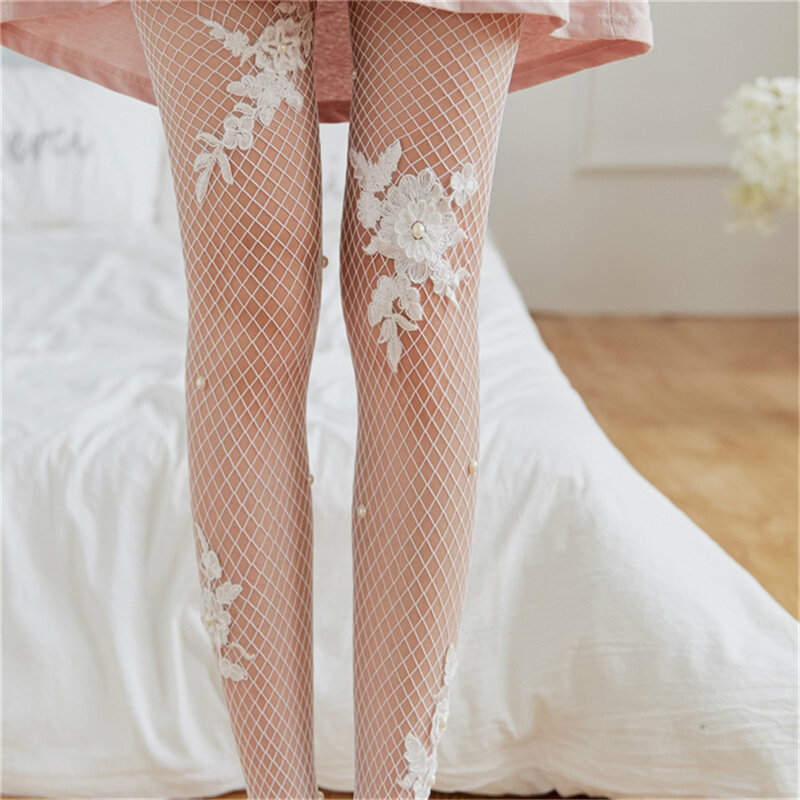 Sexy Thigh Women Fishnet Tights Blue Pink Purple Red Roses Flowers Rhinestones Decoration Pattern Pantyhose Stockings Mesh Lady