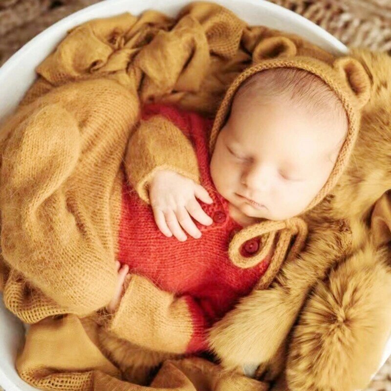 Newborn Photography Props Boys Girls Outfits Mohair Bear Hat Bonnet & Footed Romper Bodysuit Photoshoot Costume Set Gift