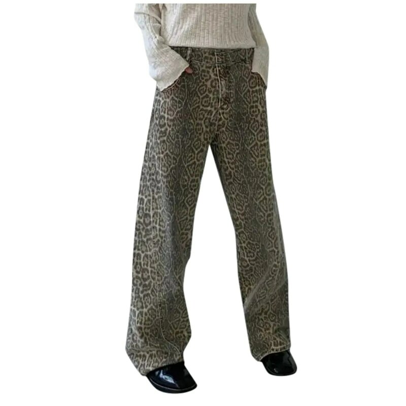 Celana Jeans Denim wanita, celana Denim motif macan tutul Vintage 2024 Y2k santai Retro Streetwear celana kaki lebar santai cocok untuk desain Boho Vibe