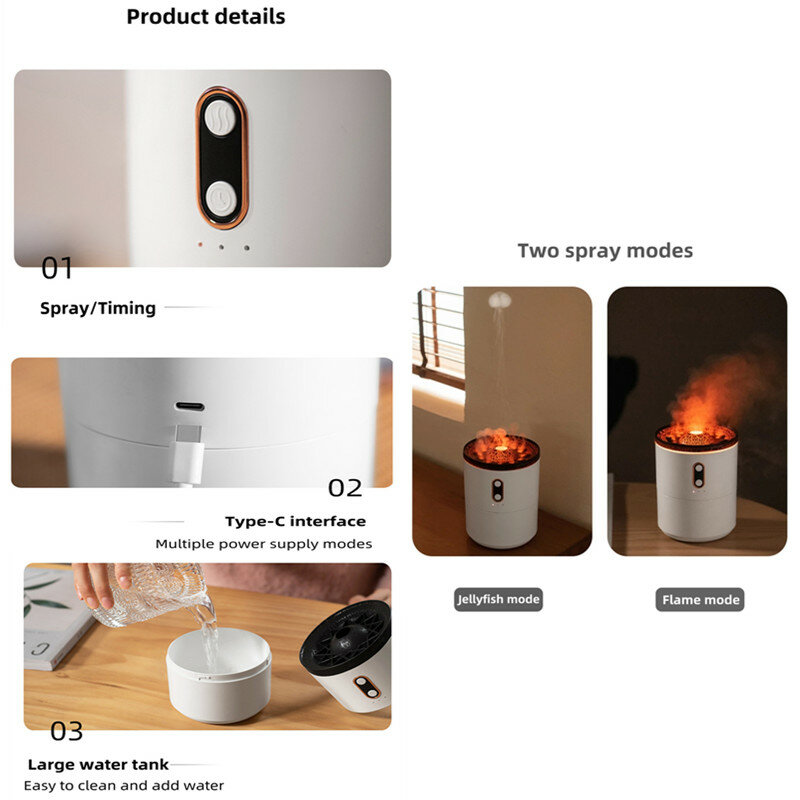 Difusor de aceite esencial de llama volcánica, humidificador de aire de medusas portátil con USB, lámpara de luz nocturna, 450ml