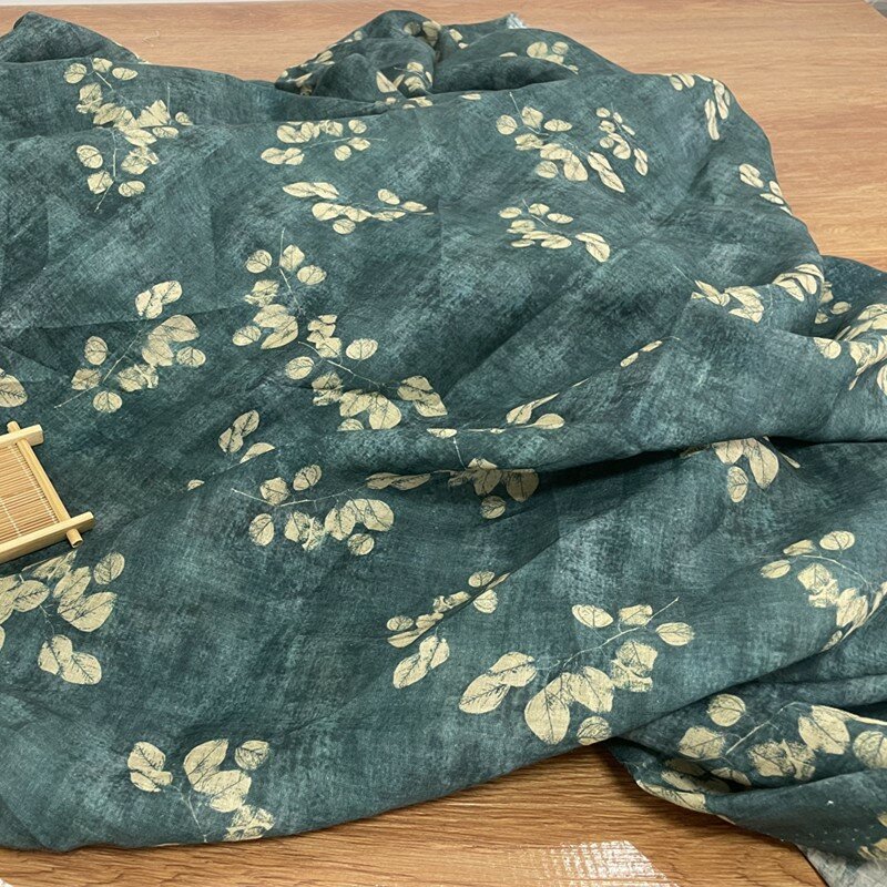 Vintage High-Count Pure Ramie Printed Fabric Handmade Cloth Summer Dress Green