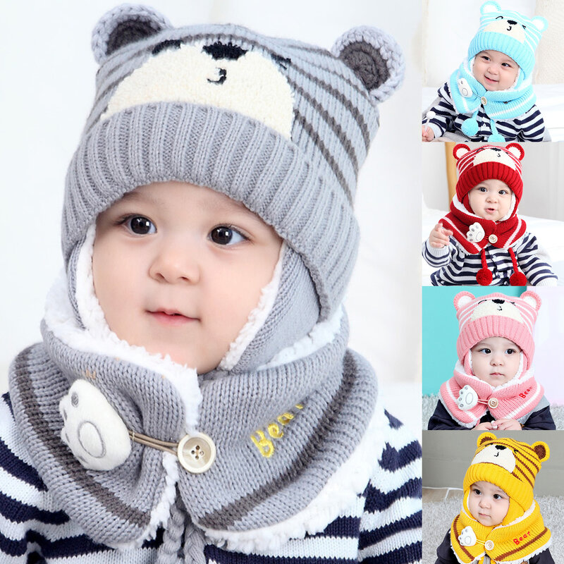6M-34M Unisex Winter Kids Baby Girls Boys Cartoon Bear Stripe Knit Hat Cap Woolen Yarn Scarf Earmuff Warm keep Set for outdoor