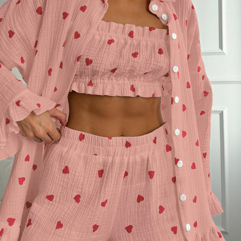 NHKDSASA-Conjunto de camisola de manga comprida feminina, regatas sensuais, pijamas de gola virada para baixo, shorts pijamas, terno de 3 peças