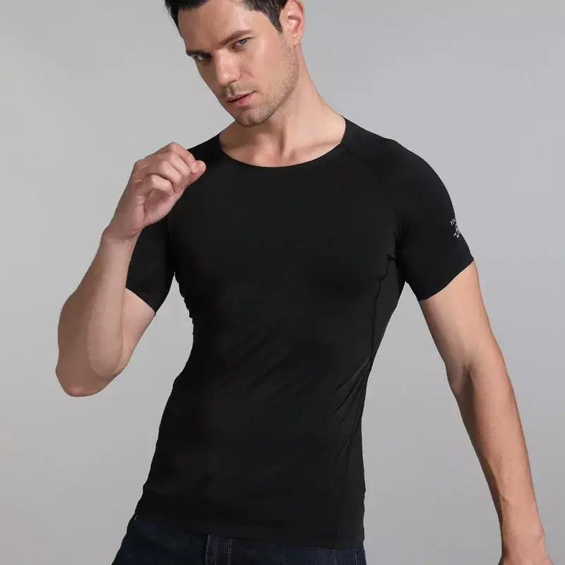 Summer Men Ice Silk Shirt Short Sleeves Seamless Round Neck Top Bodybuilding Thin T-shirt Elastic Breathable Undershirt Pullover