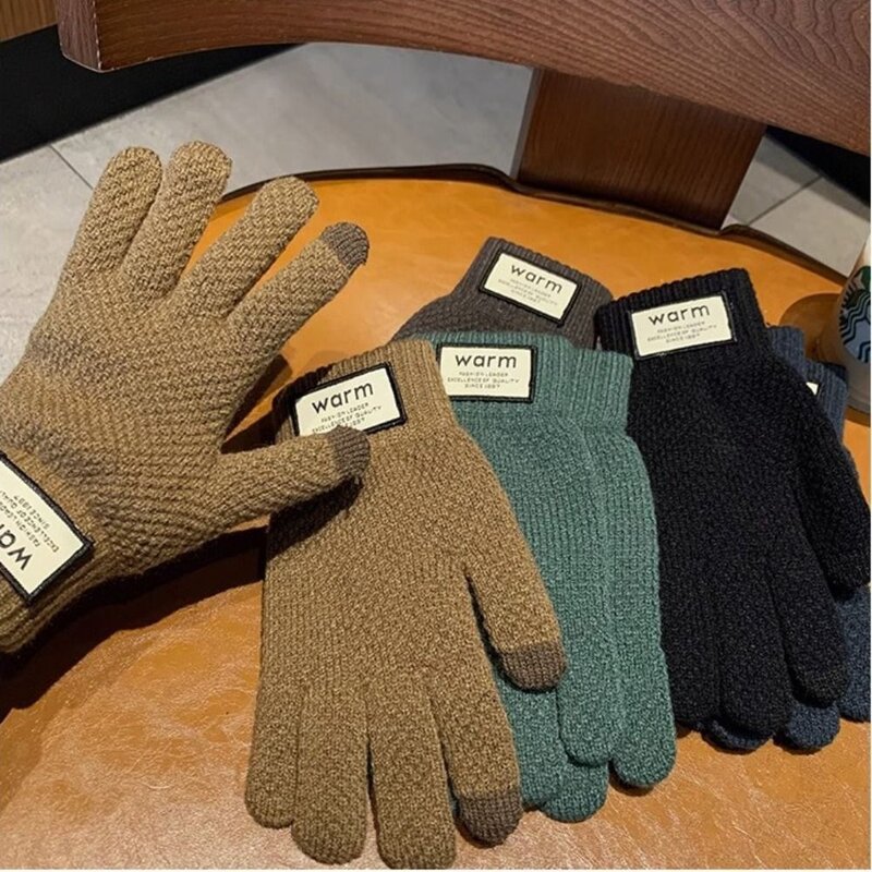 Warm Winter Knitted Gloves New Solid Color Windproof Touch Screen Gloves Thickened Plush Cycling Gloves Women