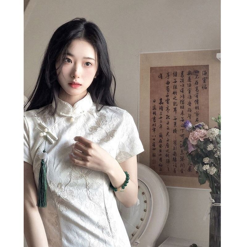 Vestido branco retrô estilo chinês para mulheres, método antigo, cheongsam modificado, menina jovem, primeira saia, vestidos de verão, novos