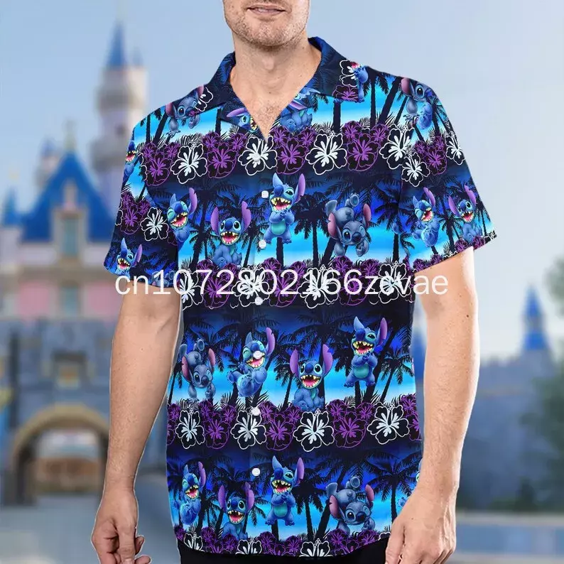디즈니 스티치 바캉스 하와이안 셔츠 남녀공용, 단추 업 하와이안 셔츠, 패션 비치 반팔 셔츠, 2024 신상