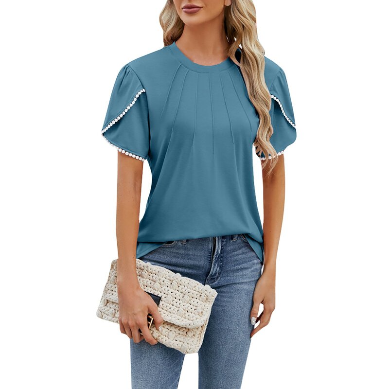 Solid Color Round Neck Drawstring Pearl Petal Sleeve Ruched Women'S Top Top Women Fashion Blouse 2024 T Shirt For Women Y2k