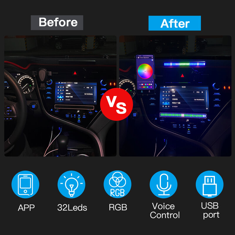 자동차 Led 사운드 컨트롤 라이트 바, RGB 앰비언트 픽업 리듬 램프, 음악, USB 조정 가능, 자동차 스트립, 가족 파티용