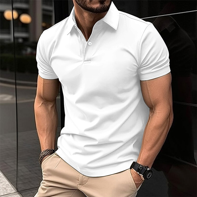 Camisa polo de manga curta masculina, gola virada para baixo, botão, top cor pura, casual roupas de conforto, verão, best-seller
