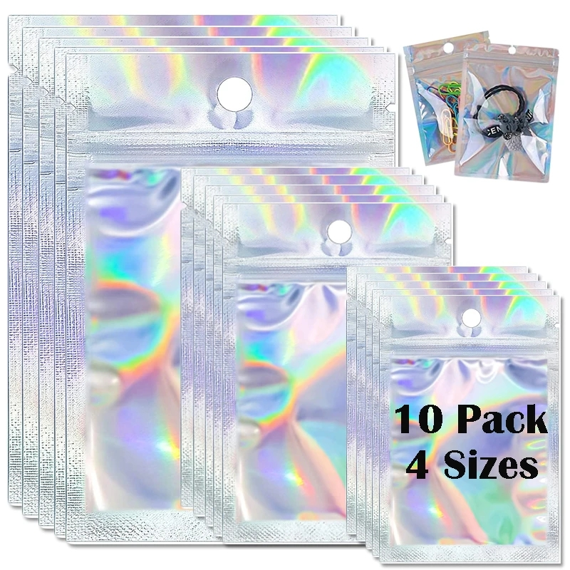 10Pcs Laser Rainbow Storage Bags Waterproof Lock Bags for Jewelry Gifts Food Packing Bag Home Kitchen DIY Gift Food Organizer