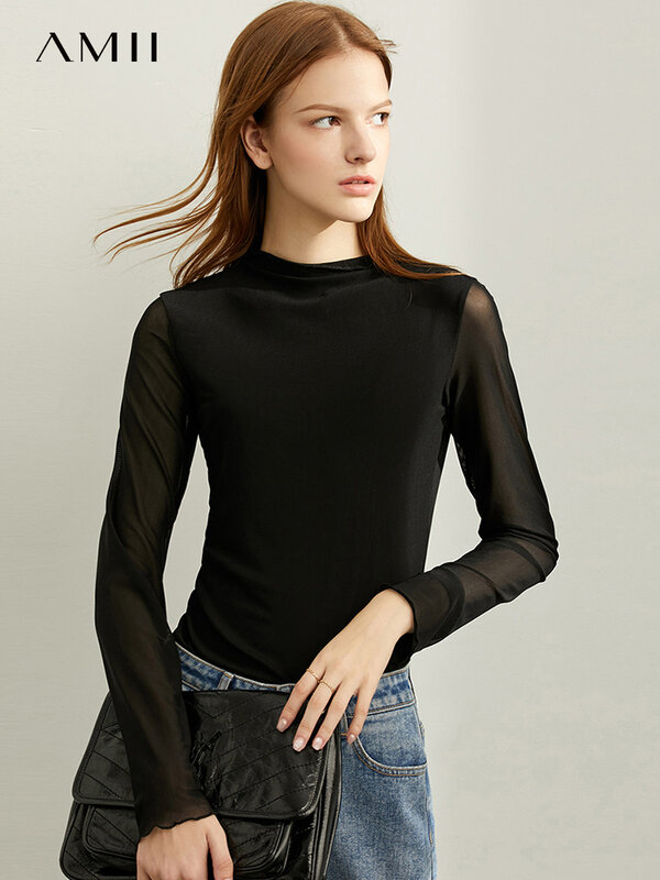 Amii-camisetas de fondo minimalistas para mujer, camiseta informal de malla lisa, ajustada, con cuello alto elástico, 11920272