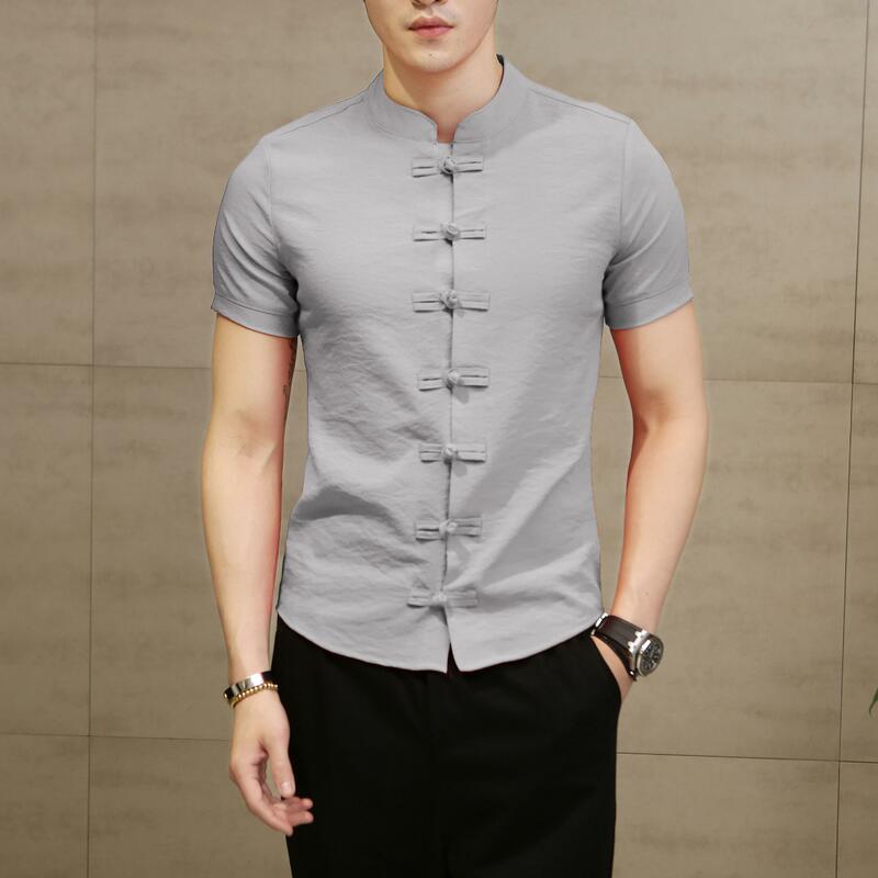 Camisas de lino de talla grande para hombre, ropa de calle con cuello mandarín, camisa de manga corta ajustada, ropa tradicional china 5XL