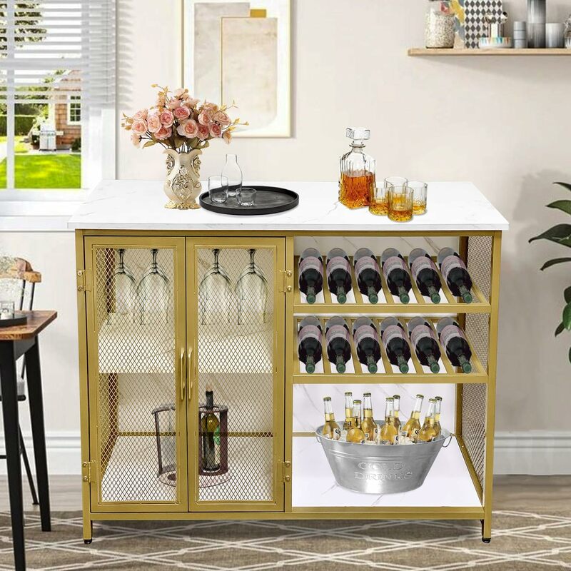 Bar Cabinet Wine Glass Rack Mesh Doors Metal Frame MDF Small Sideboard Buffet Cabinet Home Decor Organizer Display Liquor