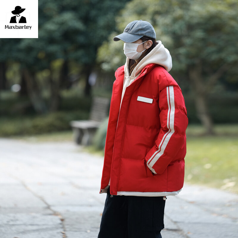 Chaqueta gruesa de estilo japonés para hombre, Parka con capucha a rayas falsas, a prueba de viento, Unisex, Harajuku, cálida, invierno, 2024