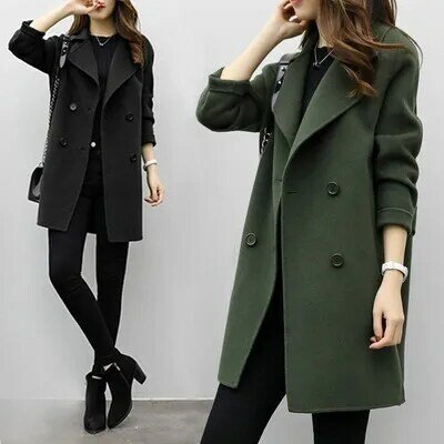 Mantel wol longgar setengah panjang wanita, pakaian luar 2023 Korea ukuran Plus kancing dua baris musim gugur musim dingin