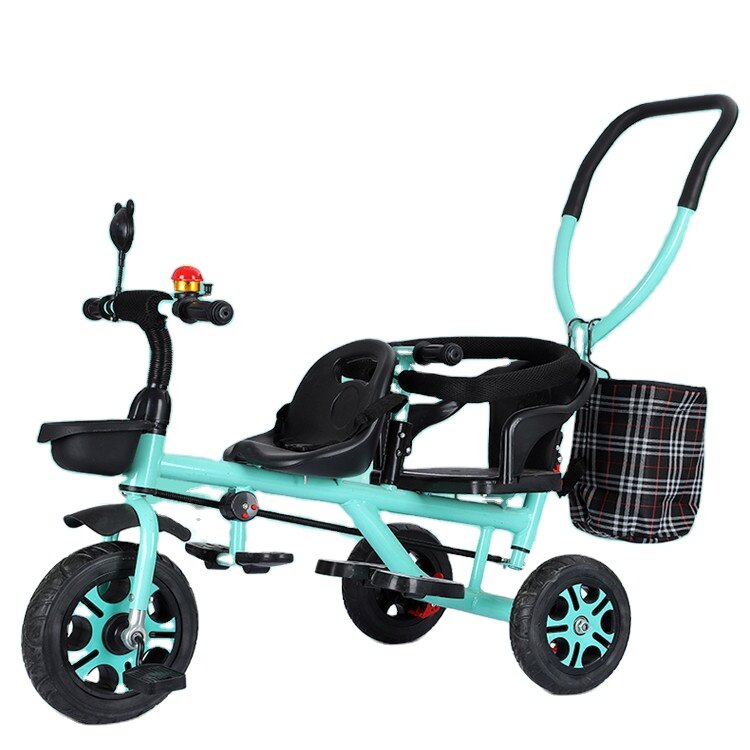 Kereta bayi roda tiga murah, kereta dorong bayi kembar baja, kursi ganda sepeda anak, kursi berputar