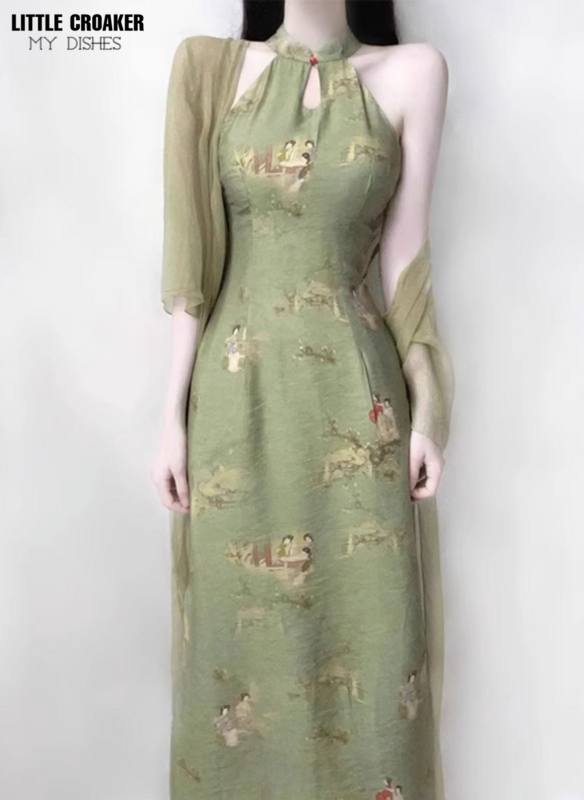 Damska nowa odzież Qipao chińskich kobiet starożytny styl ulepszona Qipao młoda dziewczyna wysokiej klasy Temperament zielony dekolt lato