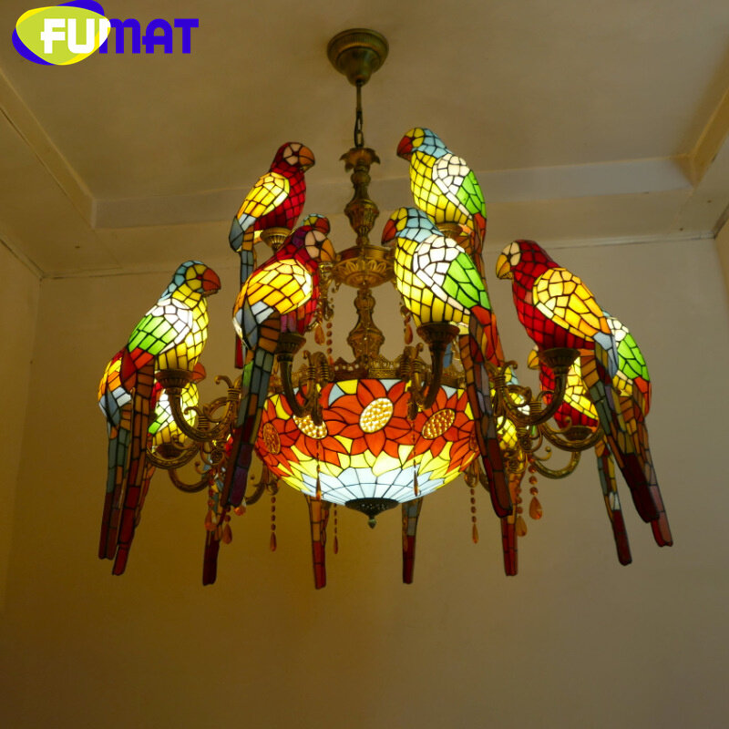 FUMAT Tiffany style stained glass American vintage rose parrot Pendant lamp Dining Room Hotel chandelier villa LED decor