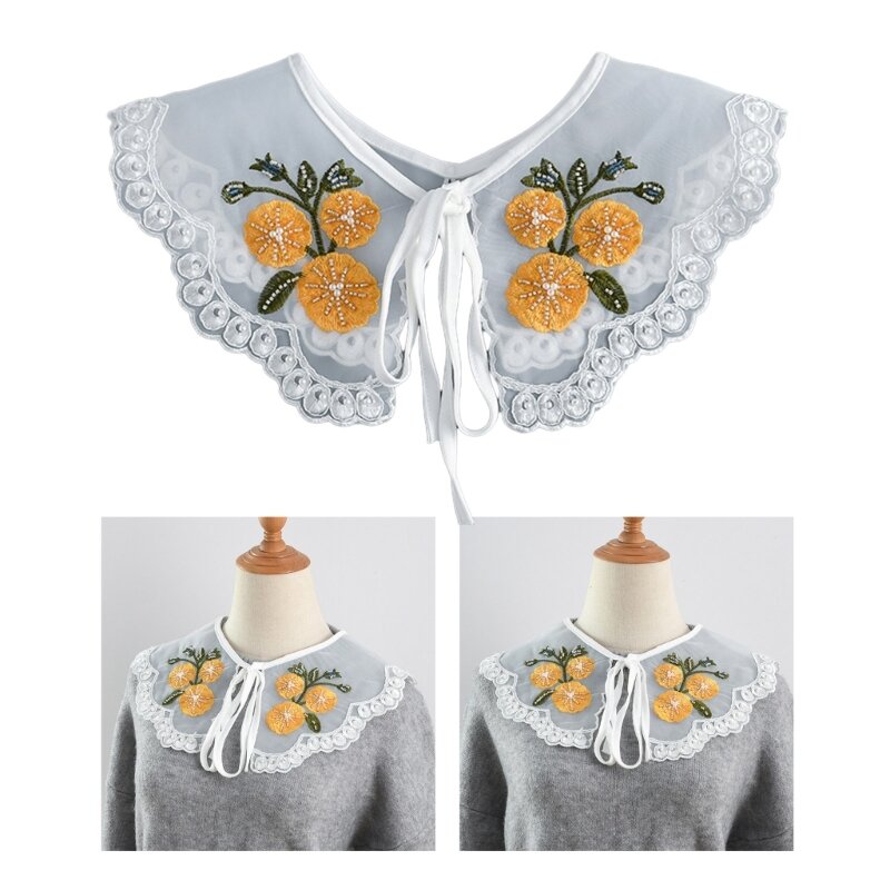 Elegante bordado renda floral falsa menina camisa vestido colarinho decorativo