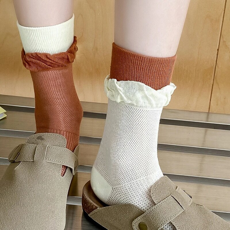Женские хлопковые короткие носки с рюшами, на завязках