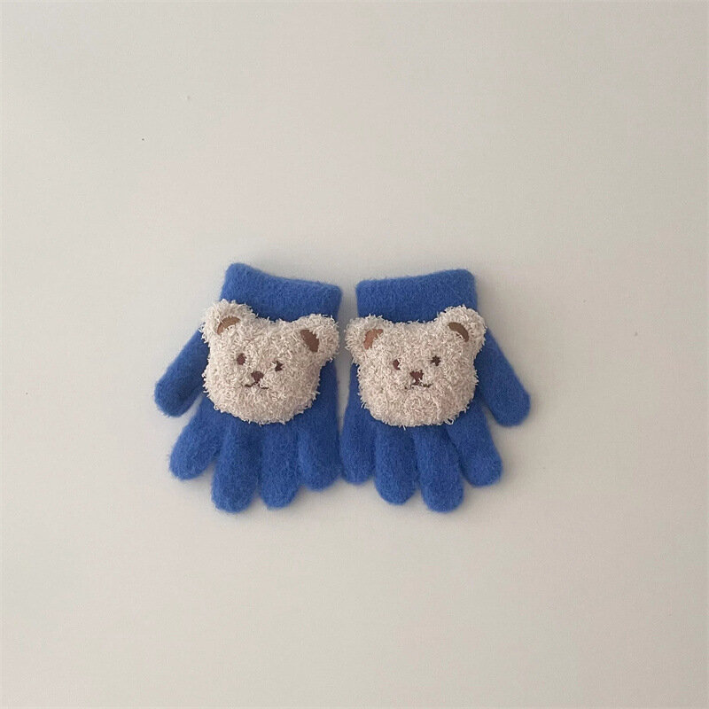 Korean Children's Gloves Winter New Ins Cartoon Bear Warm Finger Knitted Baby Student Gloves Boys Girls Mittens Warm 1-5Years