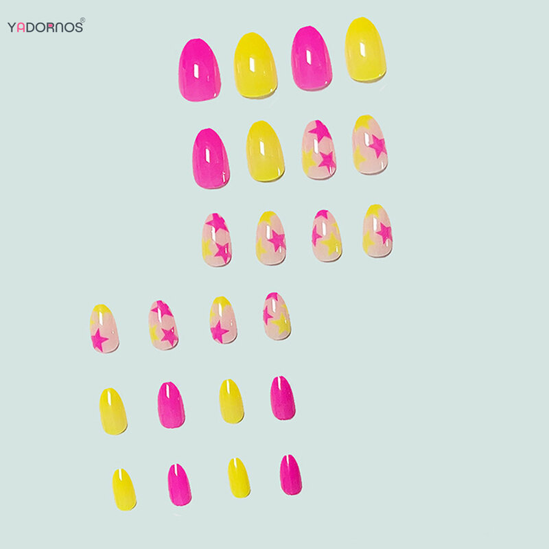 Rosa rosa stampa sulle unghie stella a cinque punte stampata mandorla indossabile unghie finte gialle copertura completa punte per unghie finte per ragazze Y2K