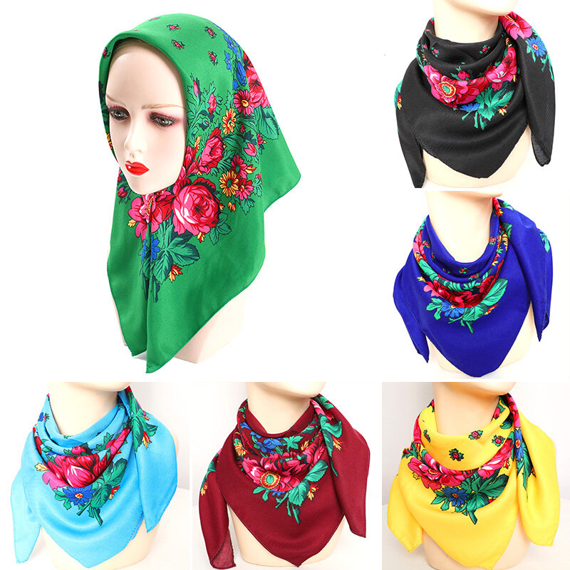 Lenço nacional quadrado para mulheres, estampa floral retrô, bandana, envoltório muçulmano, xale babushka, 70x70cm, 1pc