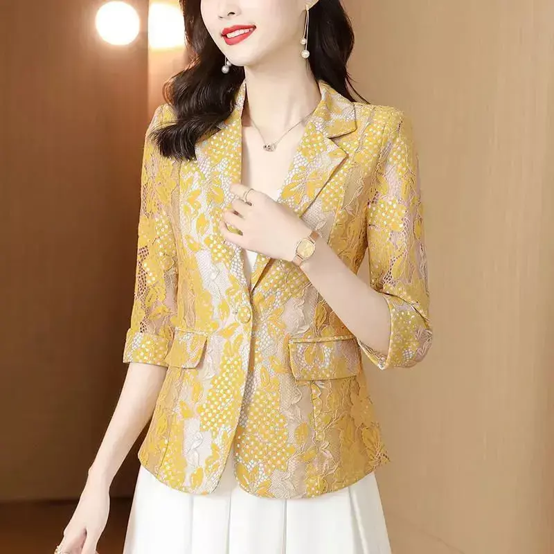 New Spring and Summer Fashion Commuting Simple Temperament Lace Hollow Out Jacquard Casual Versatile Women's Suit Blazer Z227