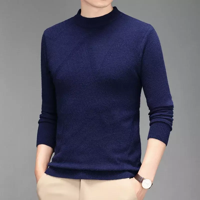 Sweater Pullover wol imitasi pria, Sweater musim dingin lengan panjang leher bulat warna Solid