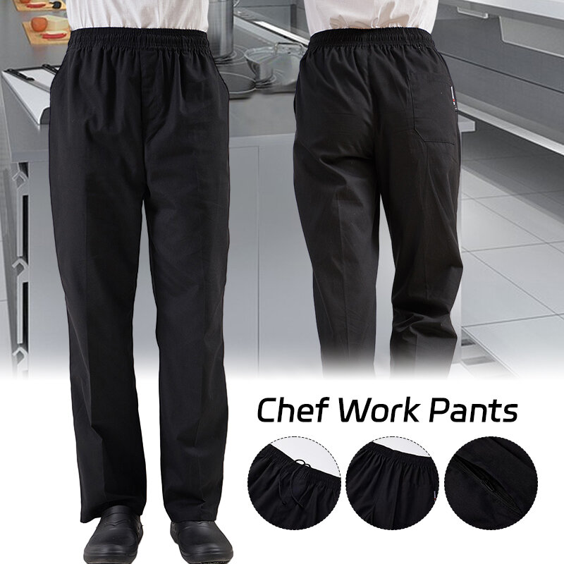 Celana panjang koki untuk pria, celana panjang seragam koki untuk kerja kasual pinggang elastis, celana Dapur, celana koki Hotel untuk pria