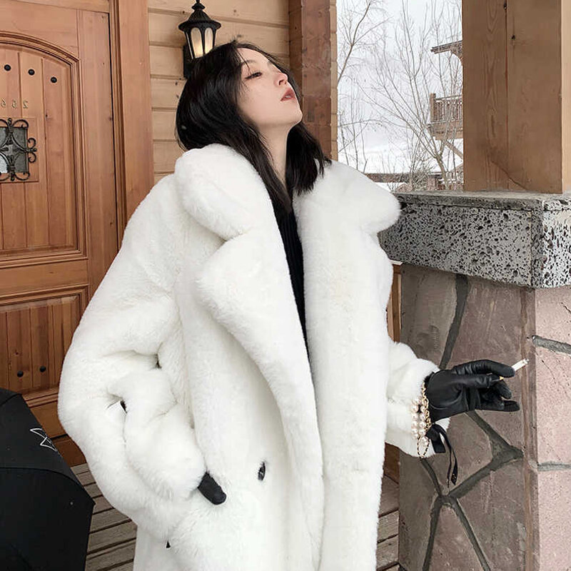 Casaco de pele sintética quente para inverno feminino, jaqueta dupla de lapela de manga comprida, elegante e fofo blazers de pele de coelho falso, branco, luxo, novo