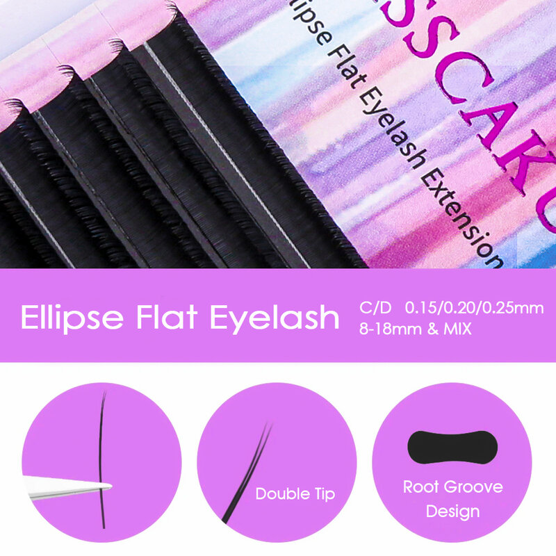 MASSCAKU Ellipse Flat Eyelash Extension For Professionals Matte Split-tips Fake Eyelash Dark Black Eyelash C/D Curl