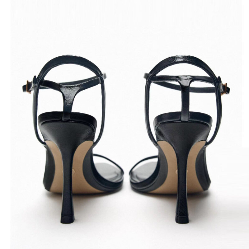 Sandal hak tinggi wanita, sepatu Fashion ujung terbuka hak ramping gaya peri hitam musim panas