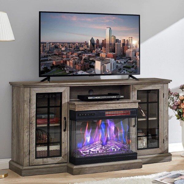 3-seitiger Glaskamin-TV-Ständer für Fernseher bis 65 ''mit 12-Farben-Konsolentisch für Media Entertain ment Center
