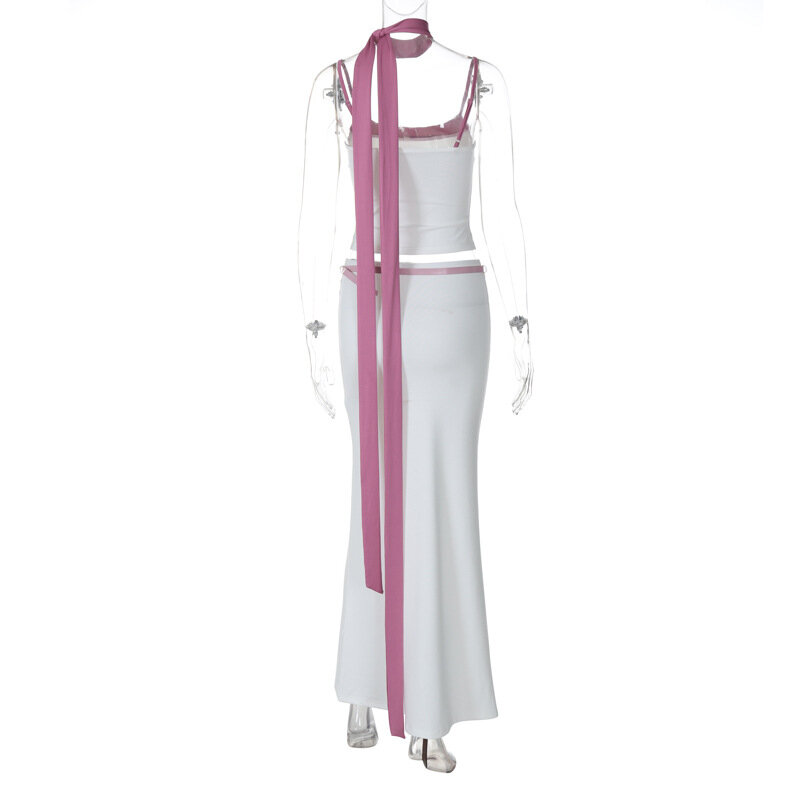 Lygens Blok Kleur Spaghettiband Cami Crop Top Lange Buis Rok Dames Sets Casual Kleding Zomer Elegante Y 2K Outfits
